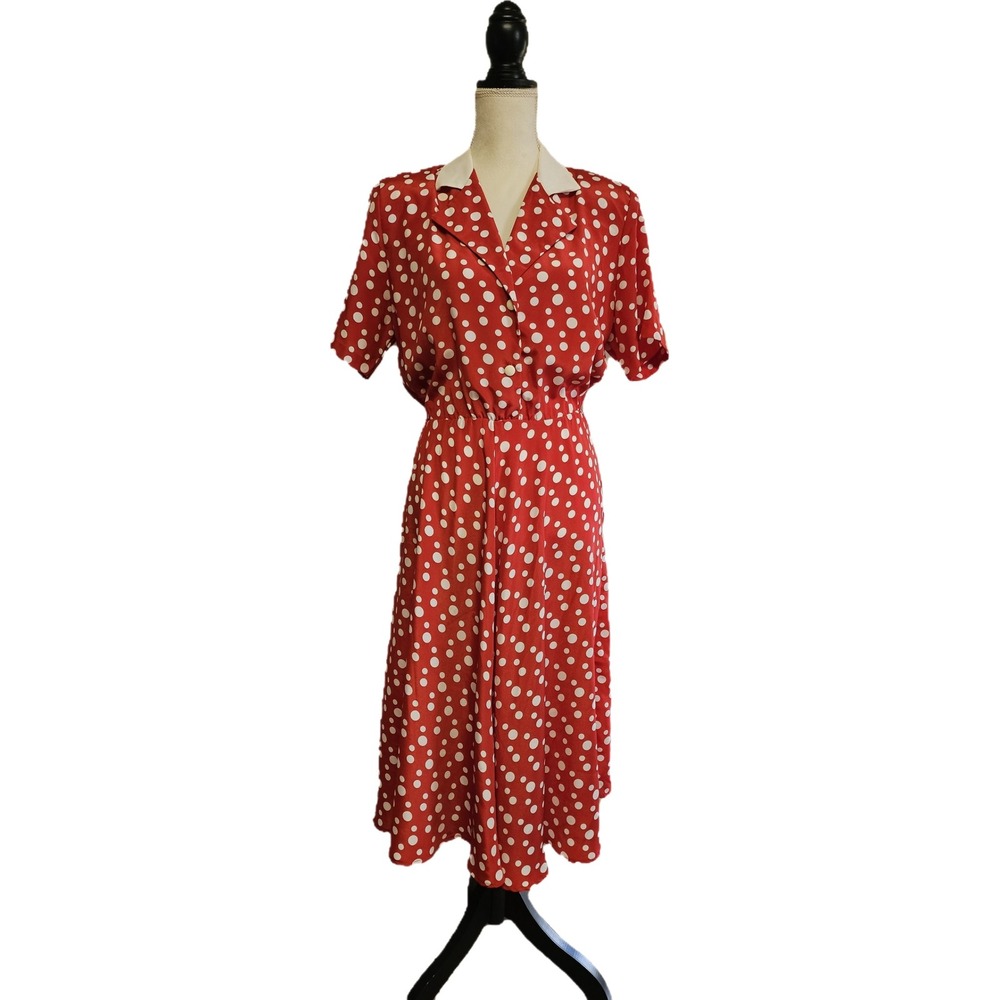 Vintage 80s Apostrophe Red Polka Dot Midi Shirt Dress Sz 8P Retro 50s Housewife
